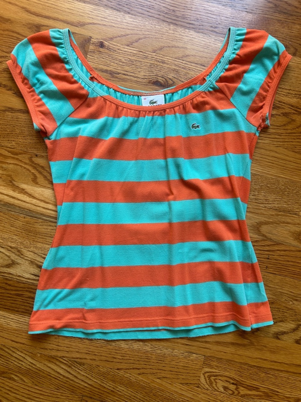 Lacoste Striped Short Sleeve Scoop Neck Top - Coral & Teal